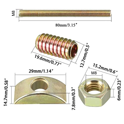8pcs Metal Furniture Connecting Fitting Threaded Rod Connector Table Bed Assembly Fastener Bolt Nut with Half Moon Washer (M8x80mm)