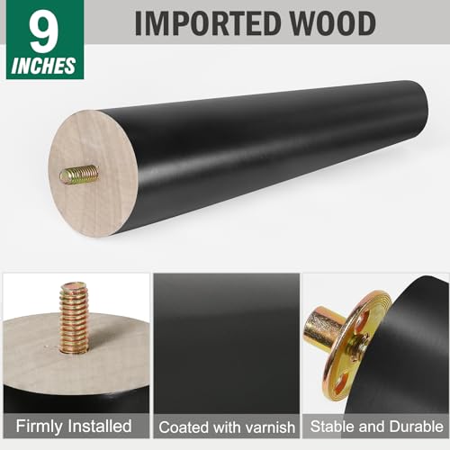 FoDau770 Rubber Wood Legs 9", Slant Taper, 5/16"-18 Thread, Black, 4pcs | Wood Couch legs - Mid Century Sofa Legs - Furniture legs Replacement for Cabinet Dresser Chair Ottoman - color: Black, size: 9 Inch - Slanted (80°)