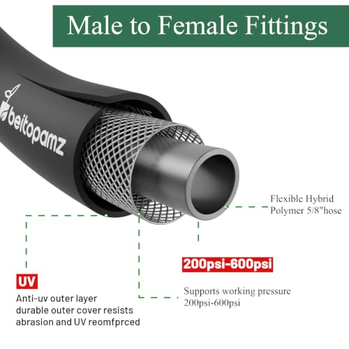 Beitopamz Short Garden Hose 1 ft x 5/8 in Male to Female Heavy Duty Small Water Hose Extender Connector, Lightweight Rubber Hybrid Leader Hose, Leak-Free Connections, 3/4'' Brass Fittings, Black - size: 1ft Male to Female