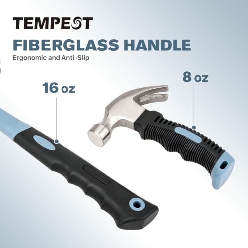TEMPEST 2-Piece Claw Hammer Set, 16 oz General Purpose & 8 oz Stubby Mini Hammer, Drop-Forged Carbon Steel, Non-Slip Handle, Curved Claw Hammer Set for Construction, Woodworking & Home Repair