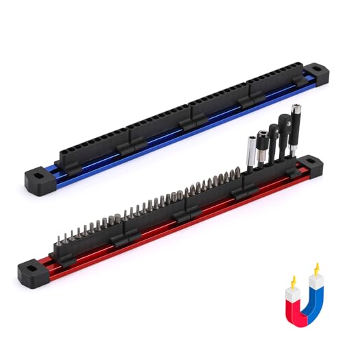 Mayouko 2PCS Magnetic Aluminum Screwdriver Drill Bit Organizer, Sliding Drill Bit Holder with Strong Magnetic Rail, 80 Holes Bit Storage, Hex Bit Organizers, Red And Blue(Bits Not Included)