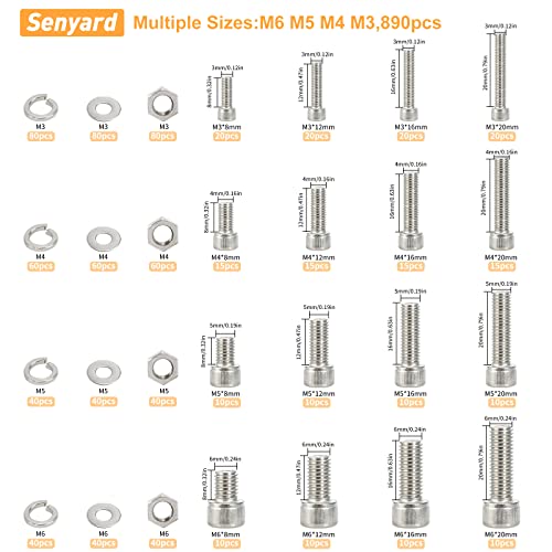 M6 M5 M4 M3 Metric Screw Assortment,Metric Bolts and Nuts Kit（with Lock&Flat washers・Wrenches） Socket Head Cap Screws 304 Stainless Steel Hex Head Metric Screws Assortment Set with Case - size: M3M4M5M6, style: socket head cap