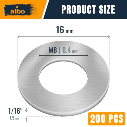 ALBO 200 Pcs M8 x 16 mm 304 Stainless Steel Fender Flat Washers - size: М8 х 16мм - 200 pcs