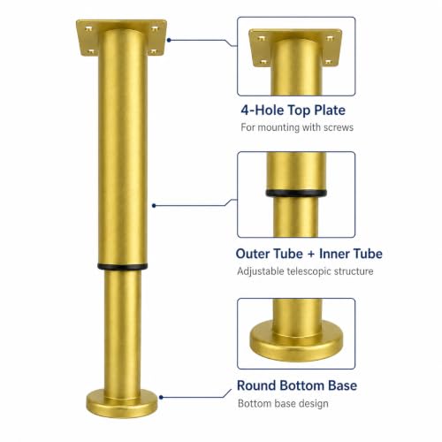 Adjustable Furniture Legs 4 Pack, 7.1 to 11.8 Inch Gold Metal Telescopic Legs with Screws, Height Adjustable Sofa Legs Bed Frame Support Legs for Couch, Cabinet, Table, TV Stand