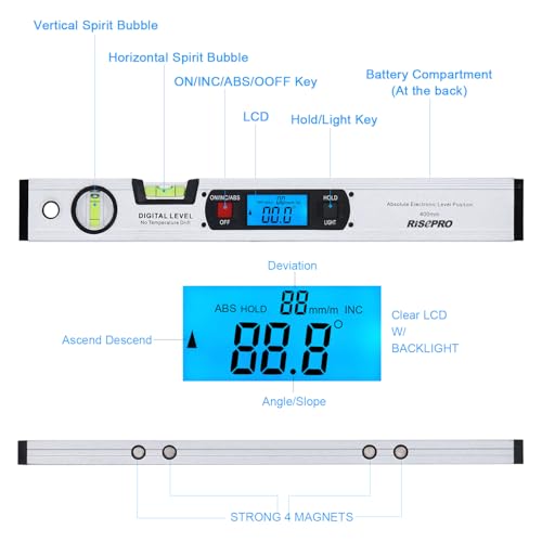 16-inch Digital Spirit Level and Protractor, Torpedo Level, Inclinometer Angle Gauge Finder Bubbles Magnetic Base with Backlight - color: Silver