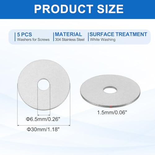 MECCANIXITY 5 Pcs M6 Stainless Steel Flat Washers Round Assortment Parts Spacers Assorted for Screws, Bolts, Plumbing, Automotive, Electrical 6.5mm ID 30mm OD 1.5mm Thick - size: M6, 6.5mm ID 30mm OD 1.5mm Thick