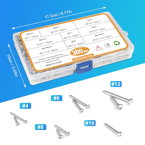 300PCS Stainless Steel Wood Screws Assortment Kit, 9 Sizes #4#6#8#10#12 Truss Head Sheet Metal Screws for Wood Deck Drywall Concrete Screws, Length 1/4" to 1-1/2" - style: Silver Truss Head 300PCS