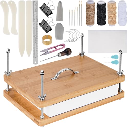 NiHome 35 PCS Book Binding Kit, Bamboo Book Press, Portable Handle for DIY | Bookbinding Tools & Supplies With Waxed Thread, Bone Folder, Awl, Cloth For Beginners Notebook Repair & Crafts