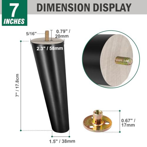FoDau770 Rubber Wood Legs 7", Slant Taper, 5/16"-18 Thread, Black, 4pcs | Wood Couch legs - Mid Century Sofa Legs - Furniture legs Replacement for Cabinet Dresser Chair Ottoman - color: Black, size: 7 Inch - Slanted (80°)