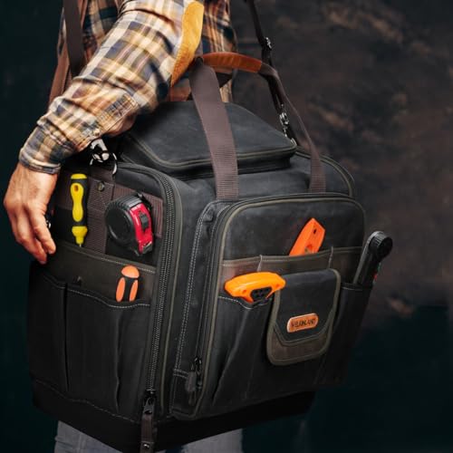 WELKINLAND 54Pockets Electrician Tool Bag, Waterproof Hard Bottom Tool Bag | Wax-Canvas Heavy Duty Tool Bags, 50L Tool Bag Hvac Technician, Work Tool Bag For Men, Technician Tool Bags, Plumber Tools Bag