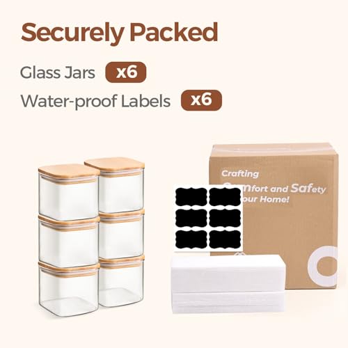 ComSaf Square Glass Containers with Lids 0.6 Qt, Set of 6 Small Glass Jars | Small Glass Canisters, Spice Jar, Pantry Organization, Snack, Cookie, Coffee Bar Organization, Size For Subpackage, BPA Free - size: 0.6Qt*6