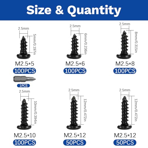 500Pcs M2.5x5/6/8/10/12 Self-Tapping Wood Screws Assortment Kit, Phillips Pan Head, Black Carbon Steel, 5 Sizes, for Wood Plastic and Soft Metal - size: M2.5x5/6/8/10/12-500Pcs