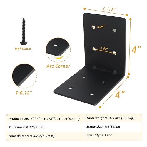 6-Pack 4"x4"x3-1/8 Heavy Duty Steel Corner Bracket, L Right Angle Bracket - size: 4" x 4" x 3-1/8“