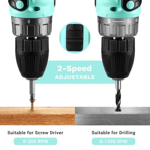 Power Drill Cordless: DEKO PRO Cordless Drill 20V Electric Power Drill Set Tool for Women Drills with Battery and Charger 20 Volt Drills Driver Kit Turquoise - color: Turquoise