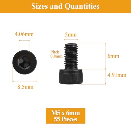 55 Pieces M5 x 6mm Socket Head Cap Screws, Thread Pitch 0.8mm, Sutemribor M5 Black Screws, 12.9 Grade Alloy Steel, Black Oxide Finish, Fully Threaded - size: M5 x 6mm, style: Socket Head