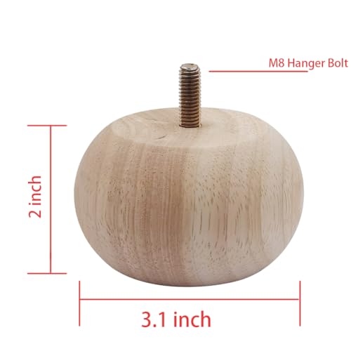 2 Inch Solid Oak Wood Bun Feet, Set of 4 - Unfinished Round Furniture Legs for Sofa, Couch, Chair, Ottoman & Cabinet | Includes Screws, Mounting Plates & Rubber Pads - size: 2 inch Hanger Bolt
