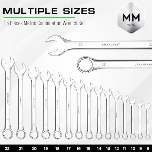 SWANLAKE 15-Piece Metric Combination Wrench Set, 12-Point Max Torque Open End Wrench Set, Cr-V Steel Wrenches 8, 9, 10, 11, 12, 13, 14, 15, 16, 17, 18, 19, 20, 21, 22mm with Storage Rack - style: 15pcs Metric Combination