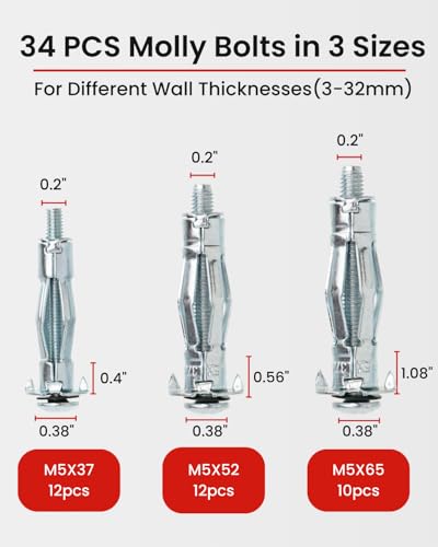 Molly Bolts for Drywall Plaster Walls (0.12"-1.28"), 34 PCS in 3 Sizes, Heavy Duty Hollow Wall Anchors with Setting Tool, Perfect for TVs, Curtain Rods, Mirrors, Towel Racks, Up to 55 lbs