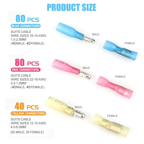 200PCS Heat Shrink Bullet Connectors Kit 22-10AWG, Waterproof Insulated Male & Female Wire Terminals Splice Crimp Connectors (12-10AWG,14-16AWG,18-22AWG), for Automotive Marine RV Home Wiring
