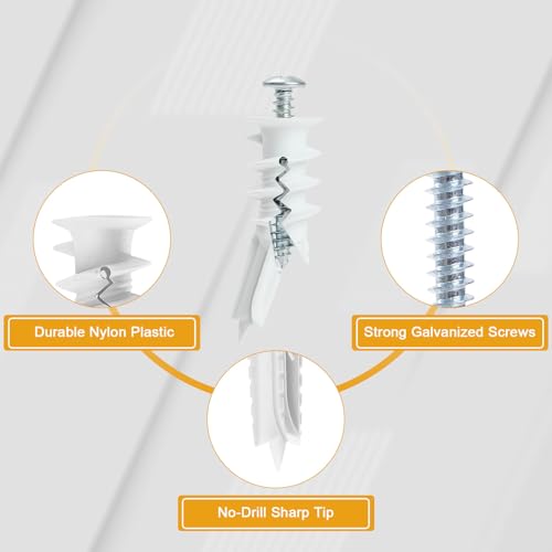 KURUI #8 Self Drilling Drywall Anchors and Screws, Heavy Duty Dry Wall Anchors Holds Upto 75LB, Picture Hanging Kit, No Pre-Drilling, for Mounting Shelves,Frames,Curtains,Clocks - 70Pcs