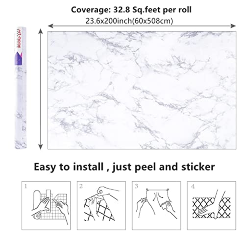 Arthome 23.6″ × 200″ Peel and Stick Marble Contact Paper,Self-Adhesive Waterproof Vinyl Flim for Furniture Sticker, Kitchens, Bedrooms and Bathrooms - color: White Marble, size: 23.6" x 200"