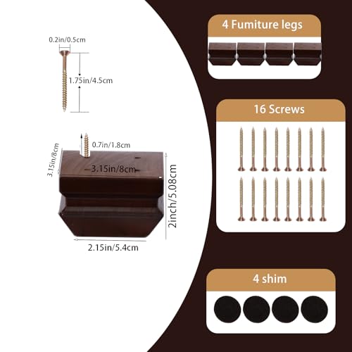 Square Wood Furniture Legs Set of 4 - Wooden Replacement Heavy Duty Feet for Sofa, Table, Couch, Bed, Bench, Dresser, Chairs, Sideboard, Recliner (Brown 2" H*3.15" W No Hanger Bolt) - color: Brown, size: 2"H*3.15"W (No Hanger Bolt)