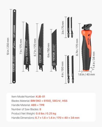 VEVOR Keyhole Saw, 6 in, Soft Grip Handle, 8-in-1 Multi-Blades Drywall, Triple Ground Teeth, for Cutting Drywall Wood Metel Plastic Plywood Wallboard Thin Sheet - size: 6 inch