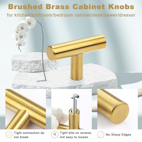 Estmoon 30 Pack Brushed Brass Cabinet Knobs Gold Drawer Pulls Stainless Steel Brushed Gold Dresser Knobs for Cabinets Cupboard Bathroom Kitchen Hardware, Single Hole T Bar Pulls, 2in Overall Length - color: Brushed Brass