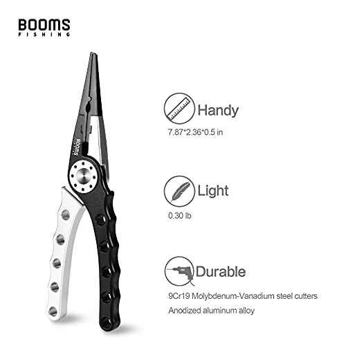 Booms Fishing X1 Aluminum Fishing Pliers Saltwater, Surf Fishing Tackle Kit, Fishing Multitool Hook Remover Braided Fishing Line Cutting and Split Ring with Coiled Lanyard and Sheath - color: Black&silver