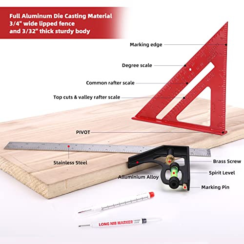 Rafter Square and 12 inch Combo Square Set, Carpentry Squares, Combination Square with Bubbles/45°/90°/180° Woodworking Square, Aluminum Carpenter Measuring Tool Kit(Red) - color: Red