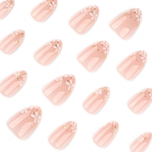 Short Press On Nails Almond, Nude Pink Fake Nails with White Floral & Gold Foil Detail, Glossy Gel Finish Acrylic Nails, Party Reusable Stick On Nails Kit for Women - color: 60-Golden Blossom