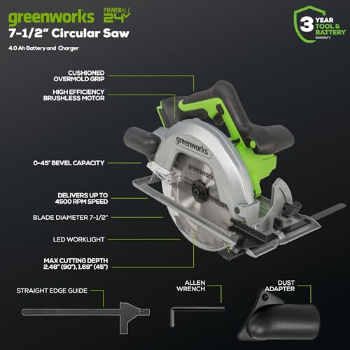 Greenworks 24V 7-1/4'' Circular Saw Brushless Cordless, with 4Ah Battery and 2A Charger - size: 7-1/4", style: 4.0 Ah Battery and Charger