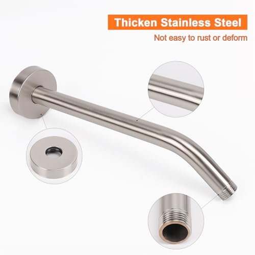 Shower Arm with Flange and Teflon Tape, Wall Mounted Shower Pipe 304 Stainless Steel Extension Arm for Fixed Shower Head & Handheld (12 Inches, Brushed Nickel) - color: Brushed Nickel, style: 12 Inch