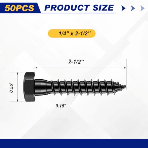 Zonon 50 Pcs 1/4'' X 2-1/2'' Hex Head Lag Bolts Screws with Washers, Black - color: Black, size: 1/4'' X 2-1/2''