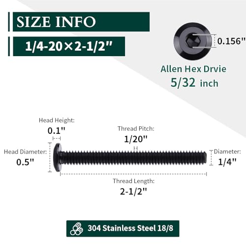 1/4-20 x 2-1/2" Black Hex Socket Head Cap Screws, 304 Stainless Steel 18-8, Furniture Bolts, Connector Screws, Black Coated, Full Thread, 25 PCS - size: 1/4-20 x 2-1/2"
