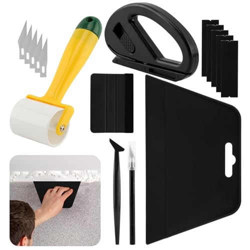 Wallpaper Smoothing Tool Kit with Sponge Seam Roller, Includes Big Smoothing Squeegee, Cutting Tool for Peel and Stick on Contact Paper, Wallpaper Car Wrap Vinyl Window Tint Glass Film(16pcs/set)