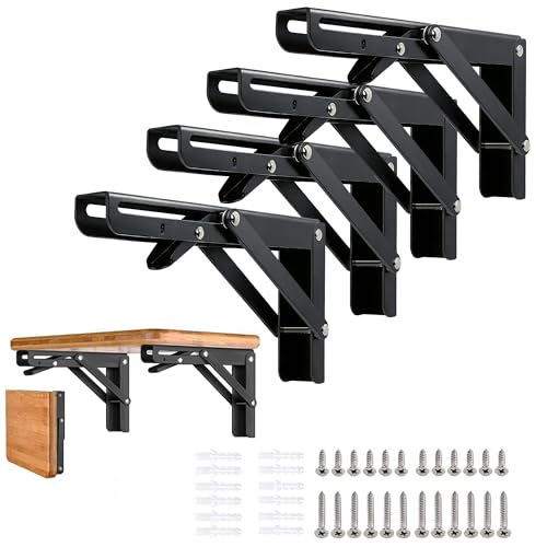 Folding Shelf Brackets - 8 inch 4Pcs Heavy Duty Metal Collapsible Shelf Bracket, DIY Wall Mounted Foldable Shelf Bracket, Space Saving for Bench Table - size: 8 Inch- 4 Packs