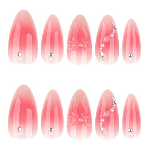 Mivota Pink Ombre Soft Gel Press On Nails 24PCS – 3D Bow Almond Fake Nails with Rhinestones, Glossy Reusable Glue On Nails for Women, Salon Quality Cute Natural Gradient Nail Tips - color: 3D-61-Red Gradient Bow