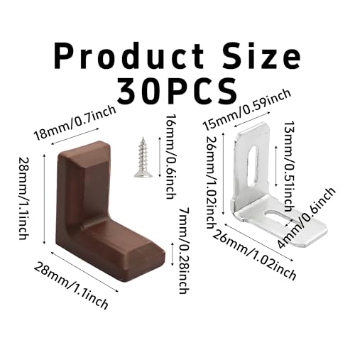 30PCS 90 Degree L Shape Metal Corner Brackets Brown Plastic Cover Right Angle Brace for Shelf Cabinet Chair Furniture, 1.1x1.1x0.7 with Screws - size: Brown