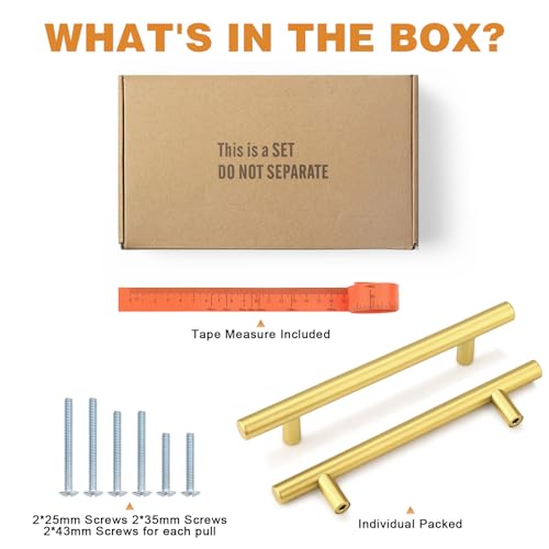 Probrico 5 Pack 5 Inch Center-to-Center Kitchen Cabinet Pulls T Bar Gold Cabinet Handles Modern Drawer Hardware Dresser Pulls, 7-1/2 inch Total Length - color: Gold, size: hole center 5"
