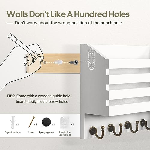 FifthQuarter Mail Holder Wall Mount with 2 Mail Slot and 4 Sturdy Hooks - color: C-White