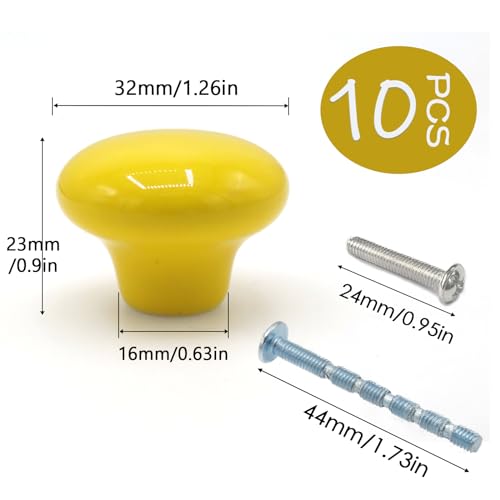 10-Pack Ceramic Cabinet Knobs Yellow 32mm Round Drawer Pull - color: Yellow