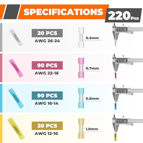 Crimping Tool For Heat Shrink Connectors, 220PCS AWG 26-10 Waterproof Automotive Marine Grade Heat Shrink Butt Connectors and Wire Stripper