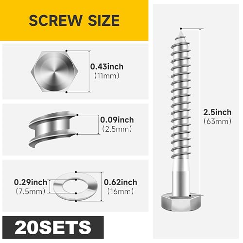MYWISH (20Sets) 1/4" x 2-1/2" Hex Head Lag Bolts, Heavy Duty Lag Screws with Washers, 304 Stainless Steel Bolts 18-8, Lag Screws Wood Screws, Partial Thread Bright Finish, 1/4 Bolt - size: 1/4 x 2-1/2" (20 set)