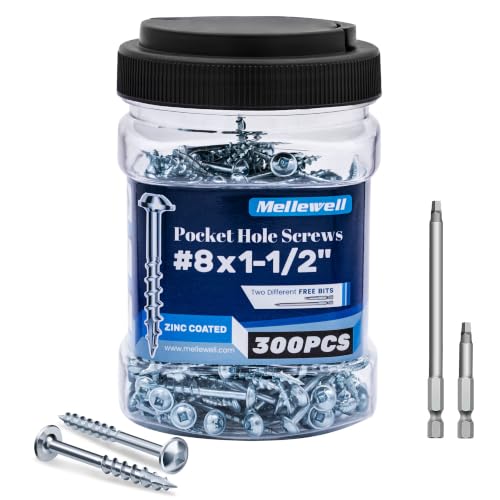Mellewell #8 x 1-1/2" Zinc Coated Pocket Hole Screws, Square Drive Self Tapping Wood Screws, Coarse Thread Anti-Rust Coated Wood Screw, 65MM 150MM Drive Bits Included, Carbon Steel, 300 PCS - color: Silver, size: #8 x 1-1/2"