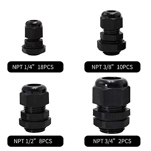 MAKERELE 38pcs NPT Cable Glands Kit Waterproof Strain Relief Connector - color: Black, size: 38pcs KIT BOX