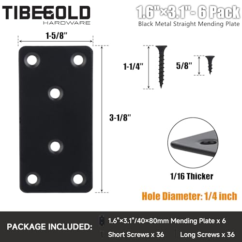 Mending Plate, Metal Steel Flat Straight Brace Bracket, Black Double-Wide Joining Plate for Wood Furniture Fastening & Fixing with 2 Sets of Screws of Different Lengths (40x80mm, 6 Pack) - size: 1.6" × 3.1"