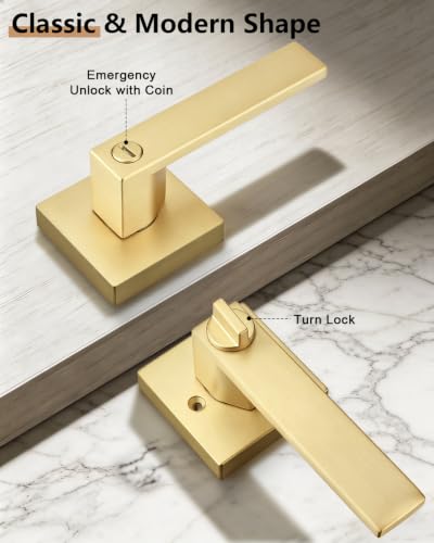 Probrico Interior Privacy Door Lever Handles with Lock, Gold 10 Pack Bedroom & Bathroom Lockset - color: Brushed Gold