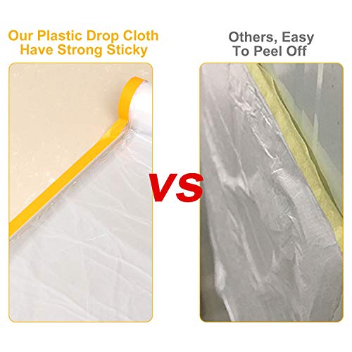 13Ft x 65 Ft Plastic Painting Drop Film, 2 Pcs Tape and Drape Dust Plastic Drop Cloth, Pre-Taped Masking Film for Automotive Painting Covering