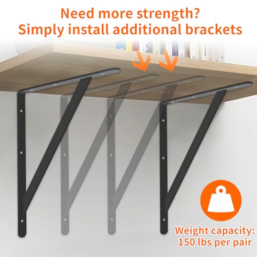 Heavy Duty Shelf Brackets 12 x 8 inch, 6 Pack Wall Shelf Brackets with 90 Degree Triangle, Black Metal L Brackets, Shelves L Brackets(300x190mm)